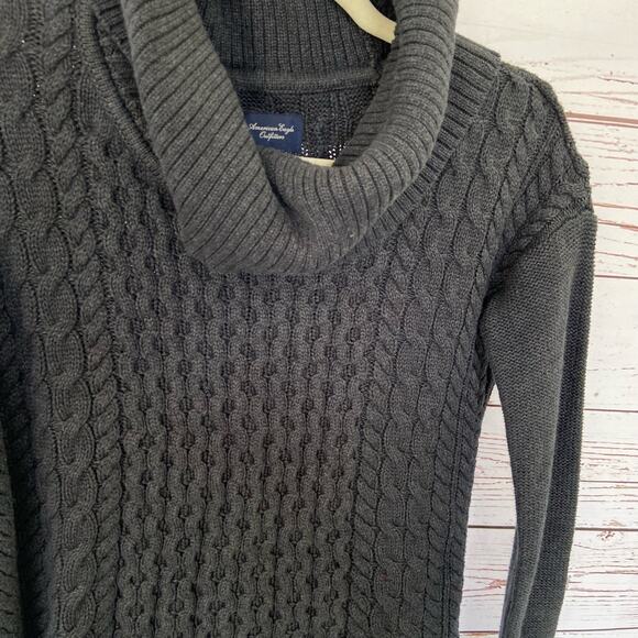 Vintage American Eagle XS Grey Chunky Cable Knit Cowl Turtleneck Sweater - Picture 3 of 6